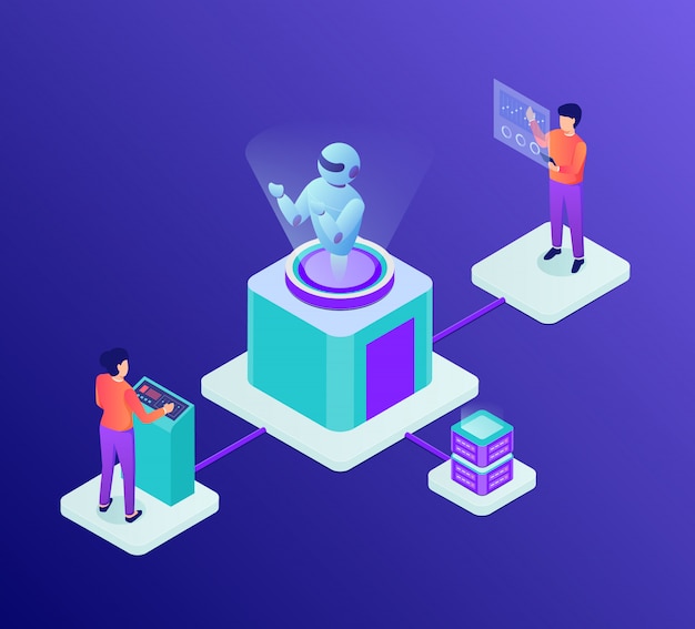 Ai концепция развития искусственного интеллекта с роботом и разработчиком людей в изометрическом стиле