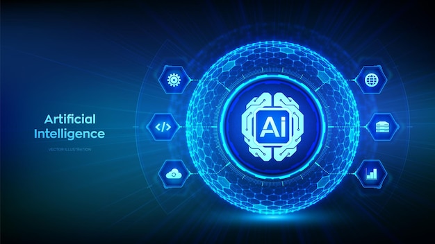 AI Artificial Intelligence Digital brain Machine Learning Concept Neural networks AI technology Big data analysis 3D sphere with a hexagonal surface and digital brain icon Vector illustration