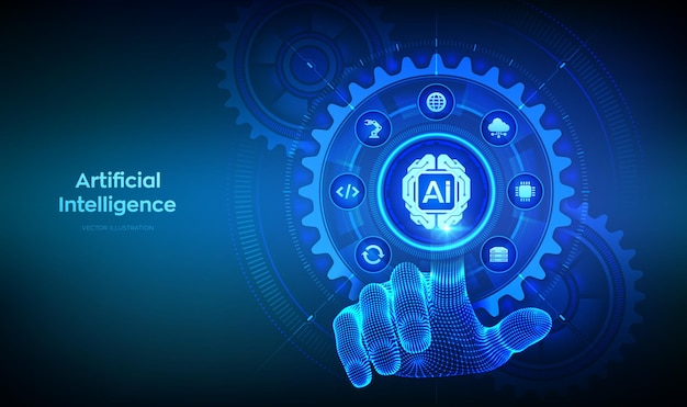 AI Artificial Intelligence Digital brain Machine Learning Concept Neural networks AI technology Wireframe hand touching digital interface with connected gears cogs and icons Vector illustration