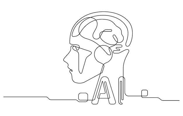 Vector ai artificial intelligence and digital technology brain data robot conceptual in one line drawing