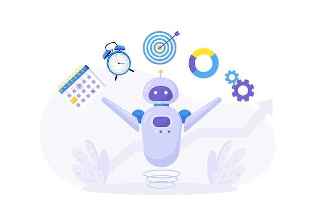 Ai artificial intelligence to help productivity multitasking robot performs many tasks at the same time smart automation robotic assistance ai robot juggling with calendar chart diagram target