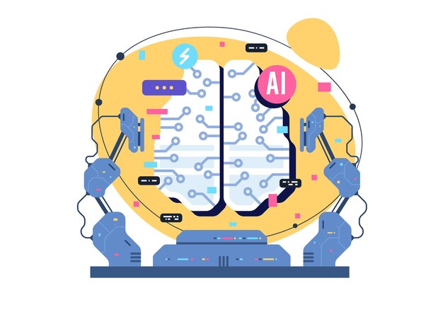 AI、人工知能アイコンの概念、電子ニューロンを備えた脳。フラットなイラスト。 AI人工知能とヒューマンインテリジェンスコンセプトビジネスイラスト。