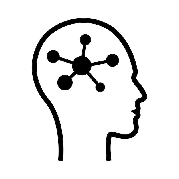 コンピューターとテクノロジーのシルエットイラスト用の脳にデジタルチップを備えた人間の顔のAI人工知能アイコン