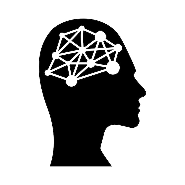 Икона искусственного интеллекта человеческого лица с цифровым чипом на мозге для компьютера