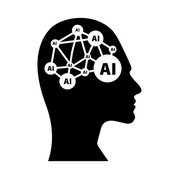 AI Artificial intelligence icon of woman human face with a digital chip on brain for technology