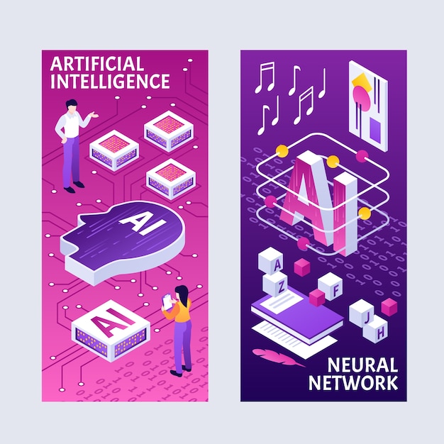 Vector ai artificial intelligence isometric banner set