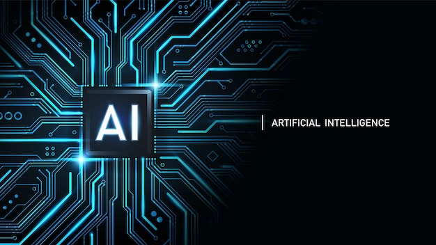 Vettore ai logo dell'intelligenza artificiale sul circuito stampato del chipset e sul copyscape