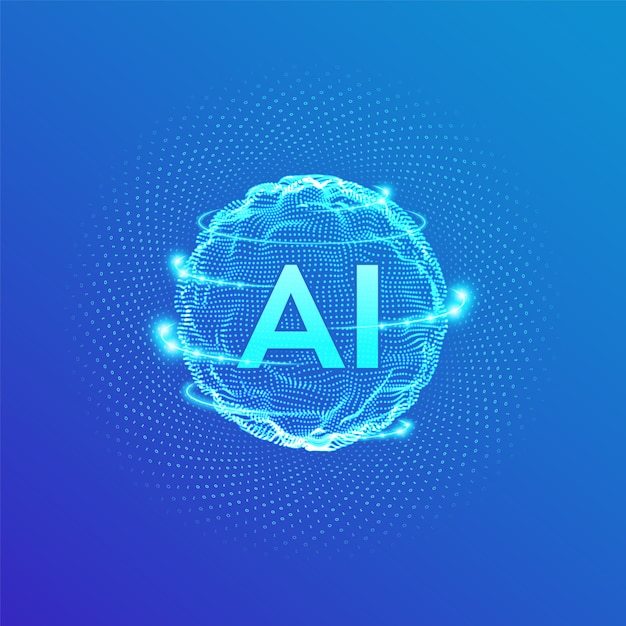 Ai. logo di intelligenza artificiale. onda a griglia sferica con codice binario.