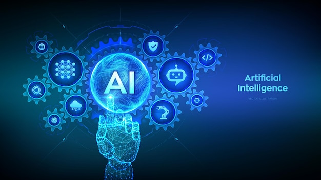 ai artificial intelligence machine learning concept big data neural networks wavy grid sphere wireframe hand touching digital interface with connected gears cogs and icons vector illustration