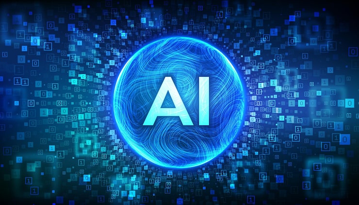Vector ai artificial intelligence in the shape of abstract sphere ai and machine learning technology neural networks big data data waveform binary code background with digits 10 vector illustration
