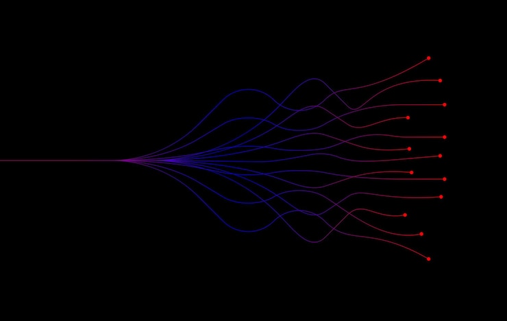 Vector ai artificial intelligence wave lines neural network purple blue and green light isolated on black background. vector in concept of technology.