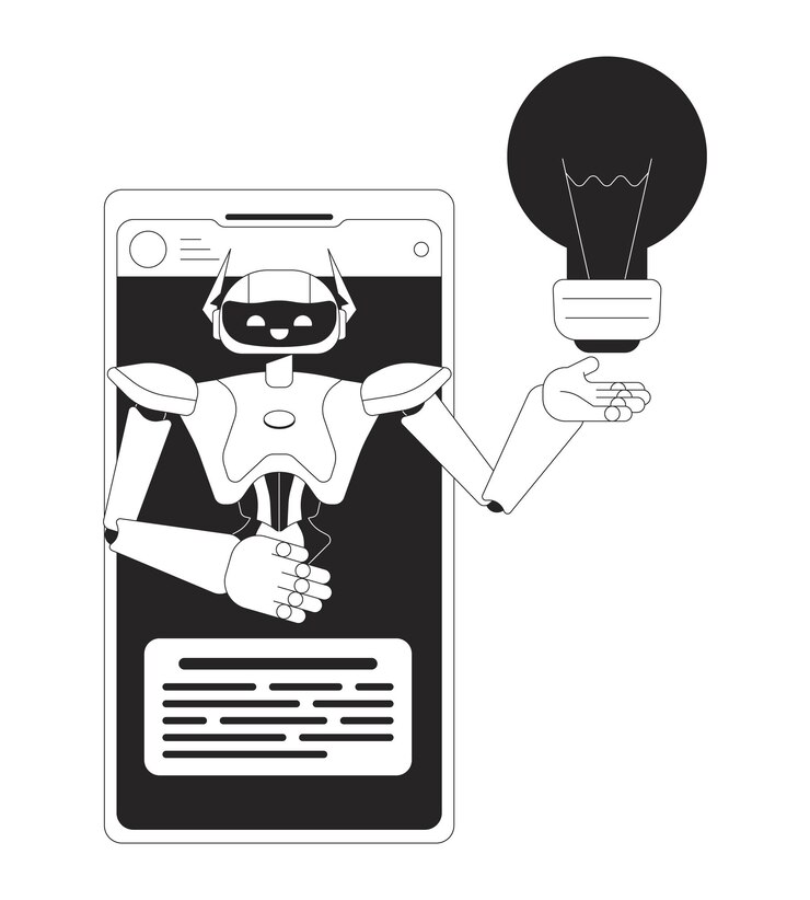 Vector ai assistant cellphone black and white 2d line cartoon object