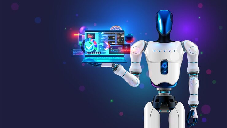 Vector ai bot programmer with laptop with code programs on screen artificial intelligence coder robot programmer software development technology ai chat bot create program code programming on laptop