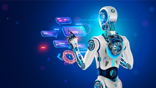 ai chatbot in image robot or cyborg holding in hand message bubbles online ai chat bot talk through messenger with user technical support bot internet assistance with artificial intelligence or ai