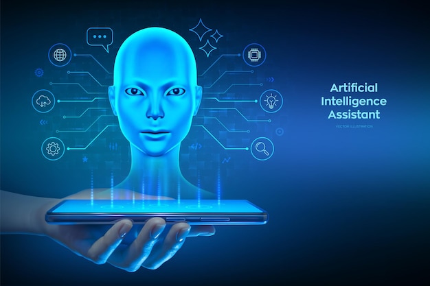 AI chatbot kunstmatige intelligentie assistent concept Slimme virtuele assistent applicatie op een smartphone Gebruiker interactie met een AI-aangedreven chatbot Cyborg vrouw hoofd hologram Vector illustratie