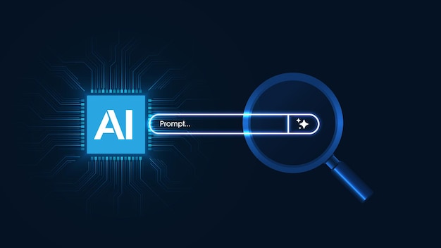 AI Chip with Magnifying glass and AI generative bar Concept of Artificial Intelligence AI Search Engines Powered SEO optimization Generate an idea by a prompt Vector illustration