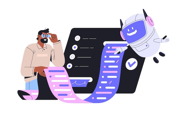 ai computer help to programmer writing check scan code robot and man coworking in programming work modern automation technology neural networks concept flat isolated vector illustration on white