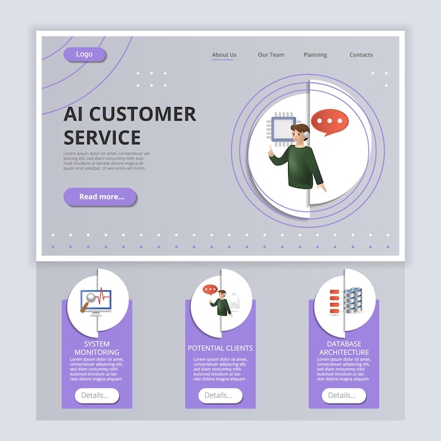 Ai customer service flat landing page website template system monitoring potential clients database
