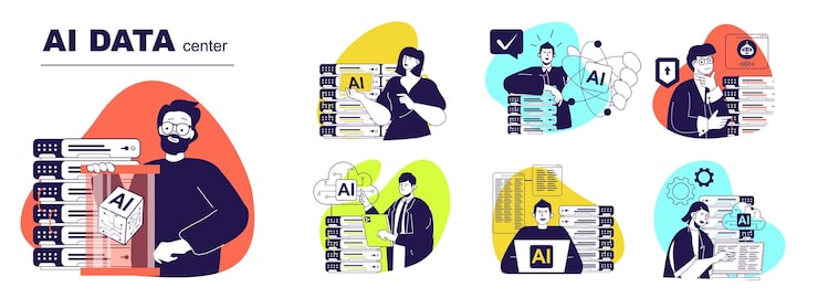 Vector ai data center concept set for web design collection with people using network computing with artificial intelligence technology cloud processing online backup with security vector illustration