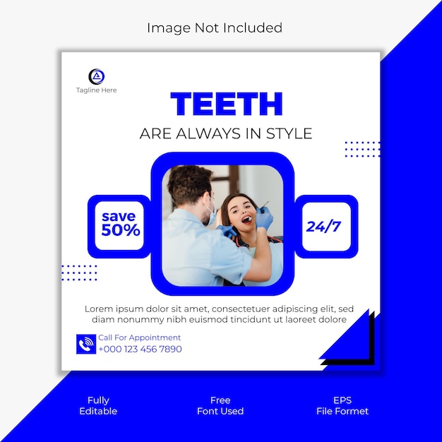 Vettore ai post dentale sui social media modello di progettazione banner quadrato o post di servizio medico di assistenza sanitaria