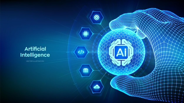 AI digital brain circuit board icon Artificial Intelligence in the shape of sphere with hexagon pattern in hand Machine Learning technology concept Big data Neural network Vector illustration