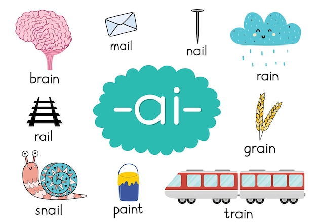 Ai digraph with words educational poster for kids illustration