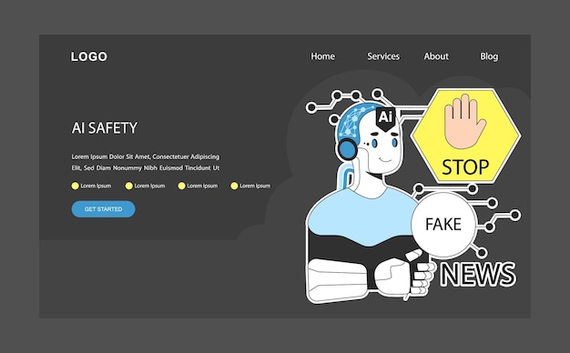 Vector ai ethics dark or night mode web landing ai robotics character recognize and filter fake news
