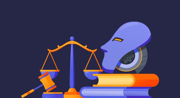 Ai ethics and law policy regulation illustration concept robot judge hammer and scale law