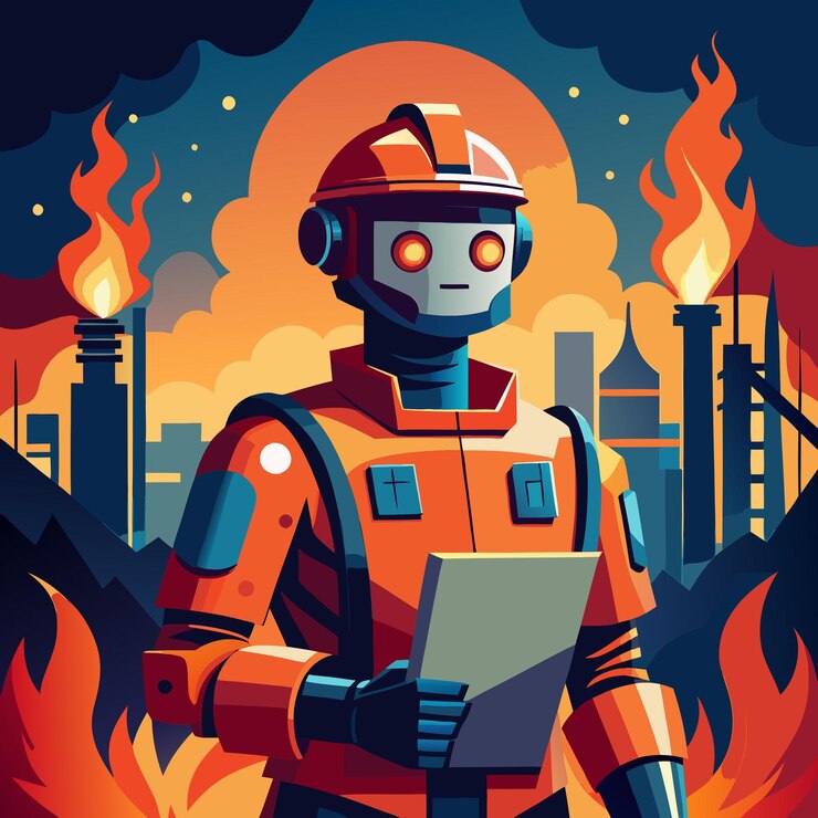 Vector an ai firefighter stands amidst blazing flames ready for action