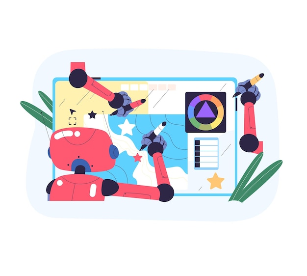 AI gegenereerde tekening Kunstmatige intelligentie ontwerper creatieve visie robot kunstenaar creëren van virtuele schilderijen ontwerpen prompt schilder generatieve kunstwerk klassieke vector illustratie