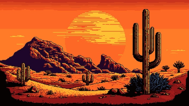 AI generative Wild West landscape AI generated western desert 8bit pixel art game background Pixel game level wallpaper retro game vector screen or backdrop with desert sunset cactus and mountain