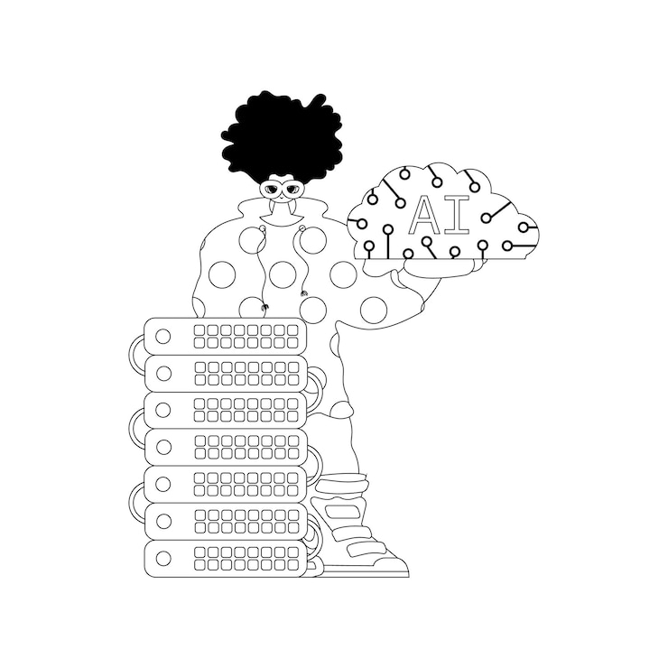 Vector ai guy and server in linear style all around an artificial intelligence theme