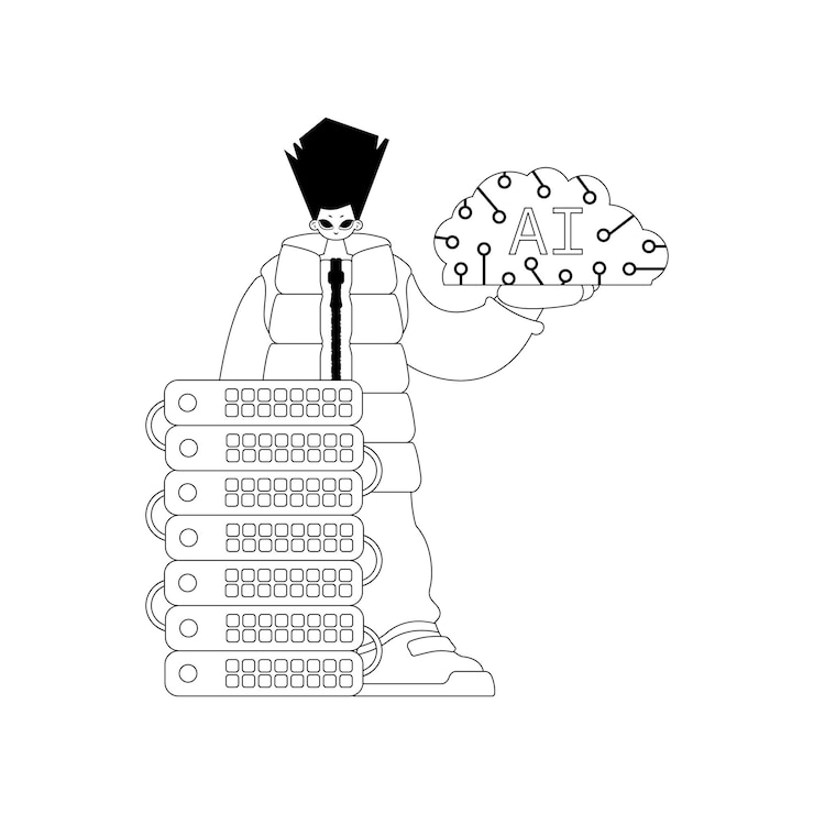 Vector ai guy and server in linear vector style with ai theme