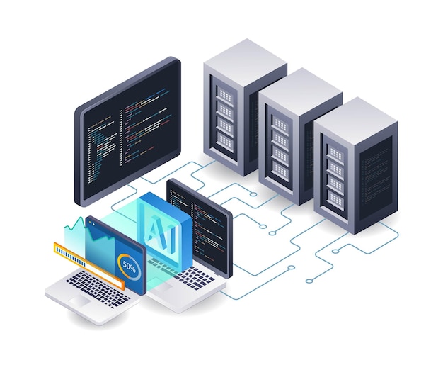 AI helpt bij het ontwikkelen van 3D platte isometrische illustratie infographic server hosting