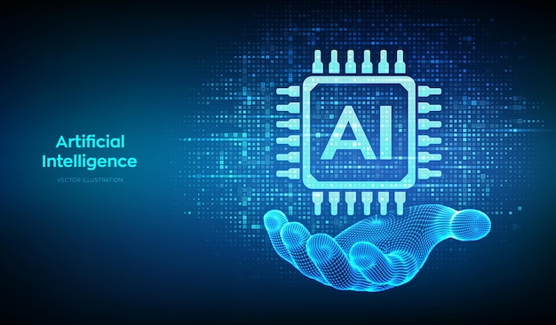 AI-icon gemaakt met binaire code in wireframe hand Digitale code achtergrond