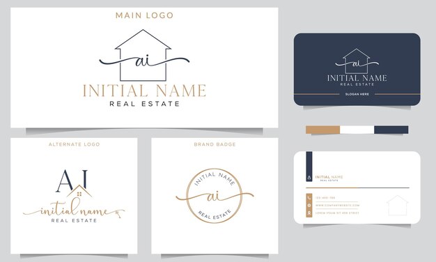 AI Initial handwriting Real estate signature logo with business card design vector template