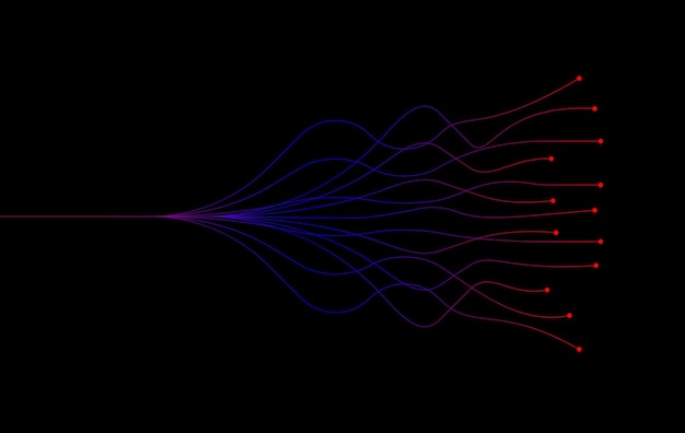 AI kunstmatige intelligentie golflijnen neuraal netwerk paars blauw en groen licht geïsoleerd op zwarte achtergrond. Vector in concept van technologie.