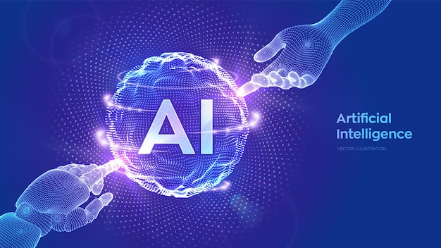 AI Kunstmatige Intelligentie Handen van Robot en Mens raken bol rastergolf met binaire code Kunstmatige Intelligentie en Machine Learning technologie concept Neurale netwerken Vector illustratie