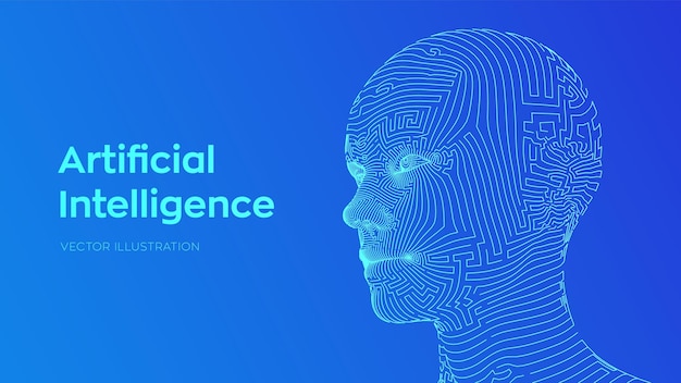 Ai. kunstmatige intelligentieconcept. ai digitale hersenen. abstracte digitale menselijk gezicht. menselijk hoofd in robot digitale computerinterpretatie. robotica-concept. draadframe hoofd concept. vector illustratie.