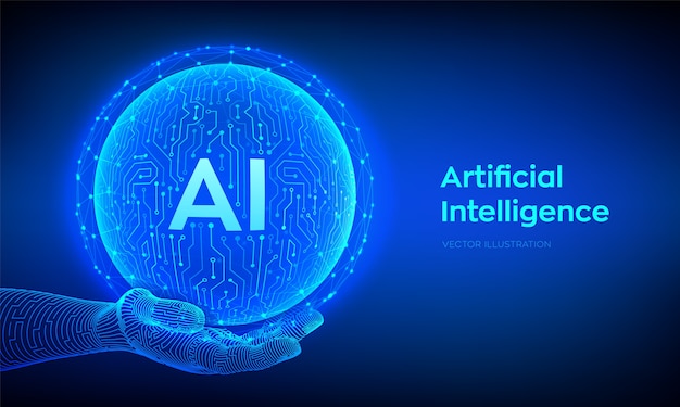 AI. Logo voor kunstmatige intelligentie. Kunstmatige intelligentie en machine learning-concept. Abstracte technologie printplaat bol in de hand. Big data-technologie. Neurale netwerken.