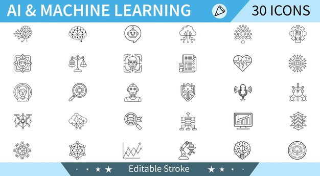 AI 機械学習 ラインアイコンセット データ分析 神経ネットワーク アルゴリズム 技術概念