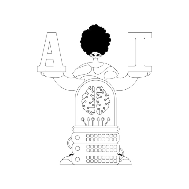 AI マンとサーバー AI 概念ベクトル線形デザイン
