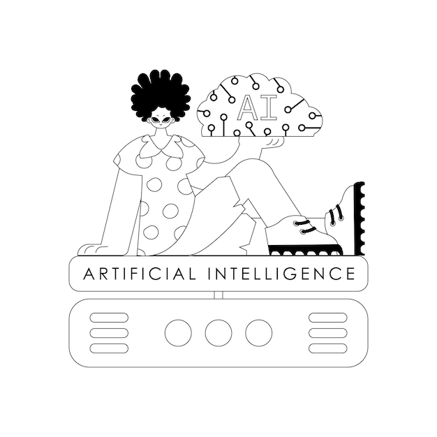 Vector ai man and server in vector linear style based around artificial intelligence theme