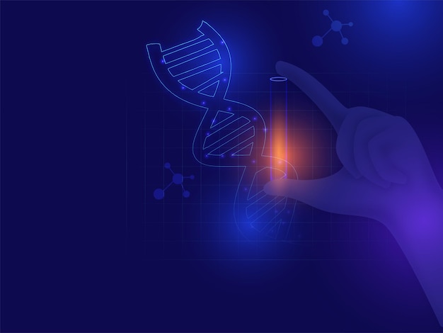 Медицинская концепция ИИ с коллекцией образцов ДНК от медицинских репрезентативных молекул Футуристическая медицинская концепция Неоновое освещение на синем фоне