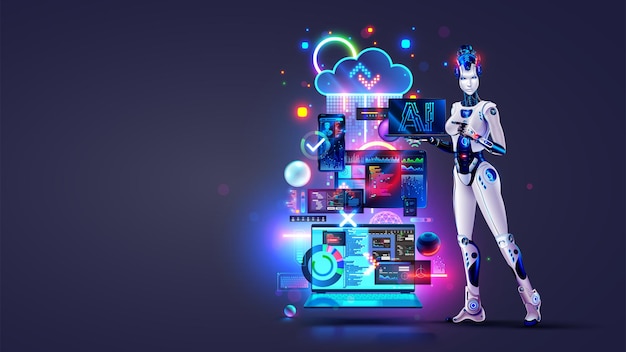 AI online bot software development Robot woman with AI with laptop in hand Artificial intelligence technology Technology of Software development concept Programming coding with help AI chatbot
