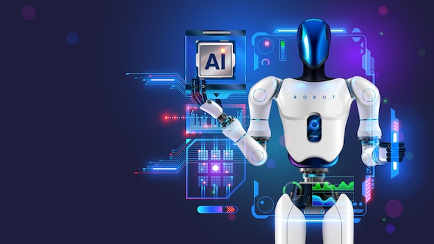 AI or artificial intelligence control mechanical humanoid anthropomorphic robot Artificial neural network learning control robotic body Robot with HUD interface of setting AI Futuristic AI robot