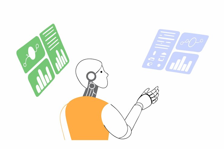 Vector ai powered humanoid robot interacting with holographic data screens