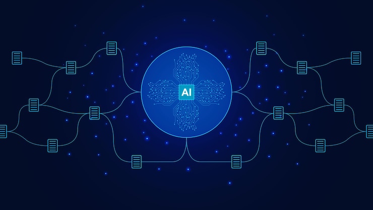 Vector ai powered software concept with futuristic microchip and document connections digital technology