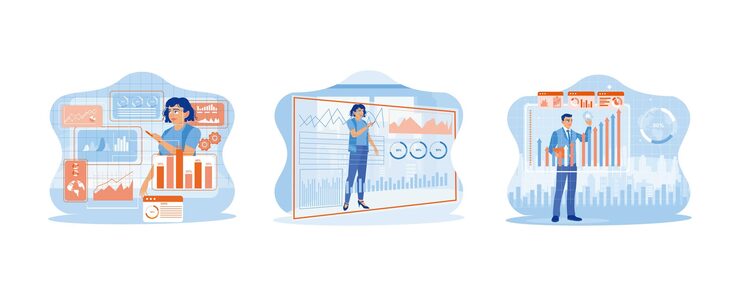 Вектор программисты искусственного интеллекта и команда разработчиков программного обеспечения проводят мозговой штурм и программируют на настольных компьютерах