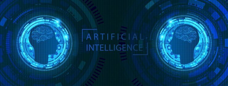 Vector ai robot banner template of binary coding processing over blue background with circuit board and circle techvector illustration